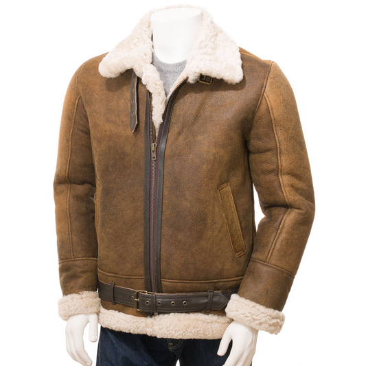 MEN'S TAN SHEEPSKIN AVIATOR JACKET: FRANKLIN