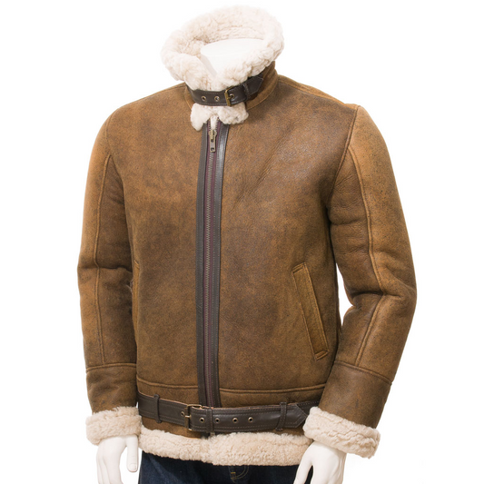 MEN'S TAN SHEEPSKIN AVIATOR JACKET: FRANKLIN