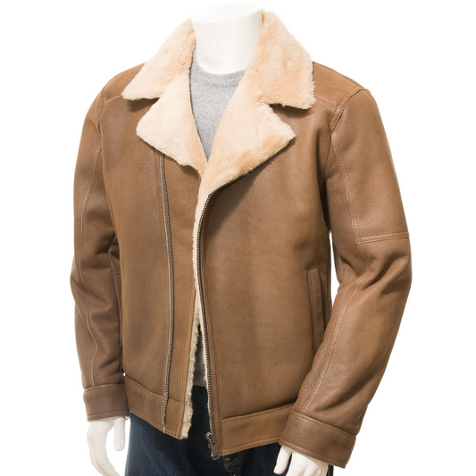 MEN'S TAN SHEEPSKIN BIKER JACKET: FRANKFORT