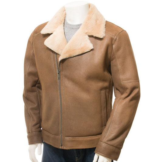 MEN'S TAN SHEEPSKIN BIKER JACKET: FRANKFORT