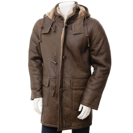 MEN'S BROWN SHEEPSKIN DUFFLE COAT: FULTON