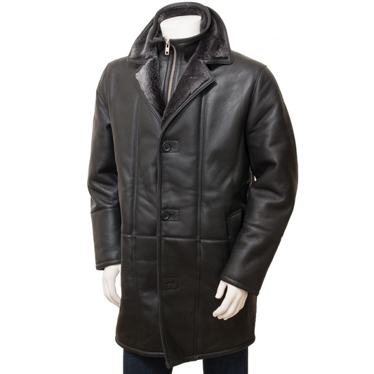 MEN'S BLACK SHEEPSKIN SHEARLING COAT: GALLATIN