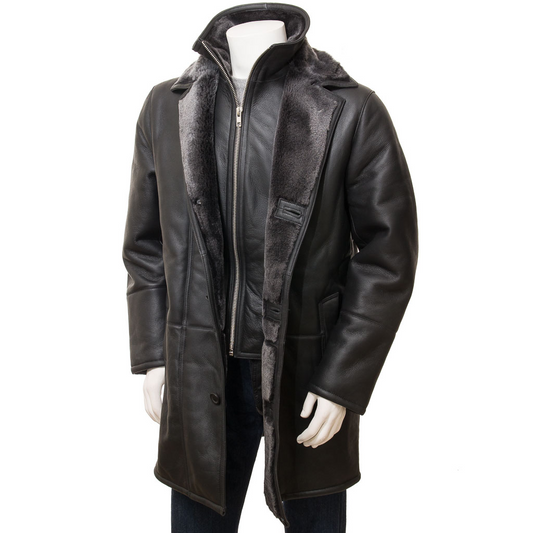 MEN'S BLACK SHEEPSKIN SHEARLING COAT: GALLATIN