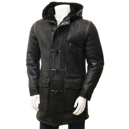 MEN'S BLACK SHEEPSKIN DUFFLE COAT: GALWAY