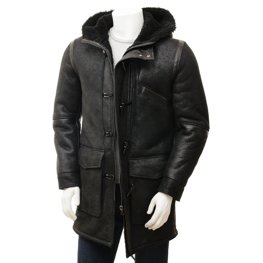 MEN'S BLACK SHEEPSKIN DUFFLE COAT: GALWAY