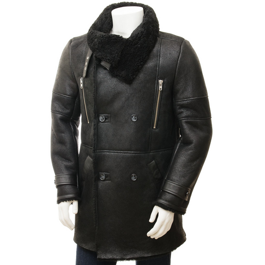 MEN'S BLACK SHEEPSKIN SHEARLING COAT: GENEVA