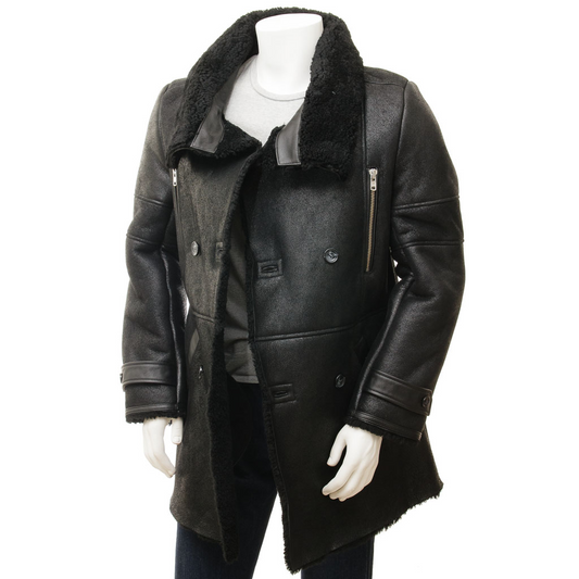 MEN'S BLACK SHEEPSKIN SHEARLING COAT: GENEVA