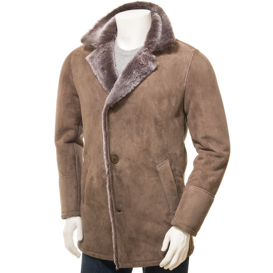 MEN'S TAUPE SHEEP SHEARLING COAT: GHENT