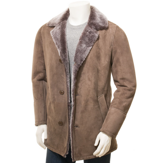 MEN'S TAUPE SHEEP SHEARLING COAT: GHENT