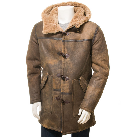 MEN'S BROWN SHEEPSKIN DUFFLE COAT: GILBOA