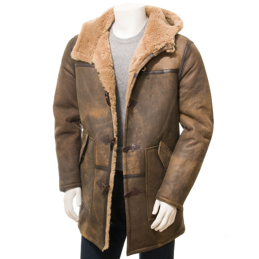 MEN'S BROWN SHEEPSKIN DUFFLE COAT: GILBOA