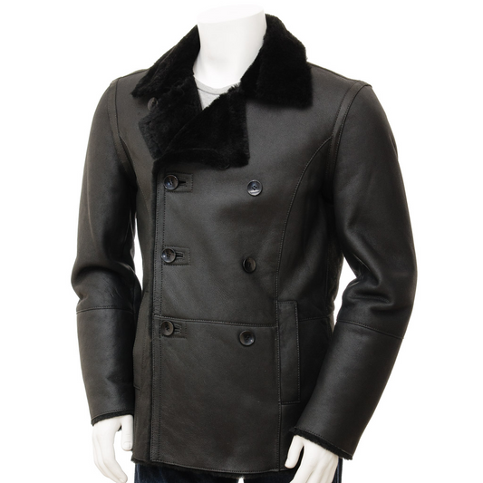 MEN'S BLACK SHEEPSKIN SHEARLING PEACOAT: GRAFTON