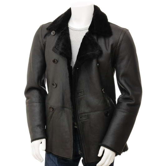 MEN'S BLACK SHEEPSKIN SHEARLING PEACOAT: GRAFTON