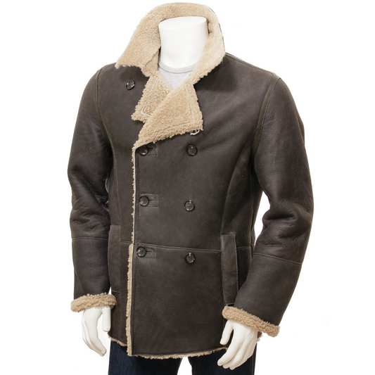 MEN'S BROWN SHEEPSKIN SHEARLING PEACOAT: GRAFTON