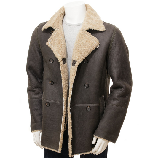 MEN'S BROWN SHEEPSKIN SHEARLING PEACOAT: GRAFTON