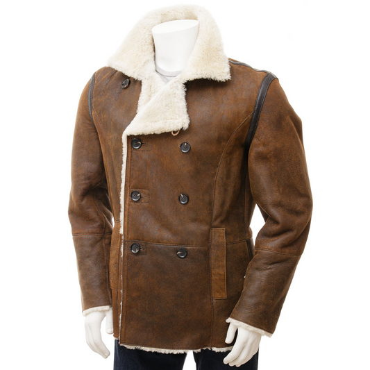 MEN'S TAN SHEEPSKIN SHEARLING PEACOAT: GRAFTON