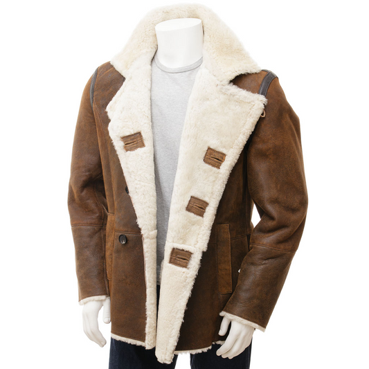 MEN'S TAN SHEEPSKIN SHEARLING PEACOAT: GRAFTON