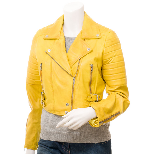 WOMEN'S YELLOW LEATHER BIKER JACKET: ANGELICA