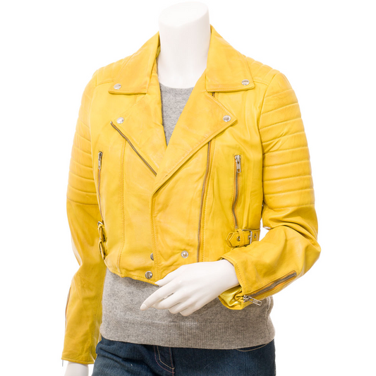 WOMEN'S YELLOW LEATHER BIKER JACKET: ANGELICA