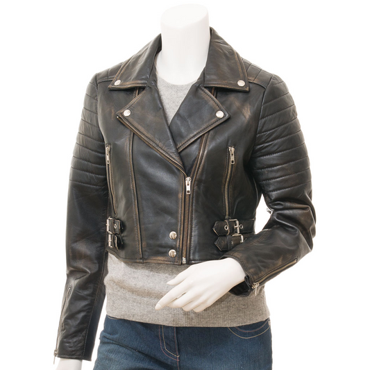 WOMEN'S VINTAGE LEATHER BIKER JACKET: ANGELICA