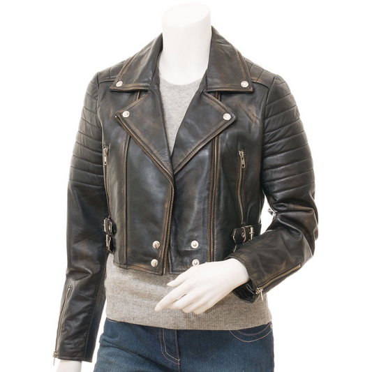 WOMEN'S VINTAGE LEATHER BIKER JACKET: ANGELICA