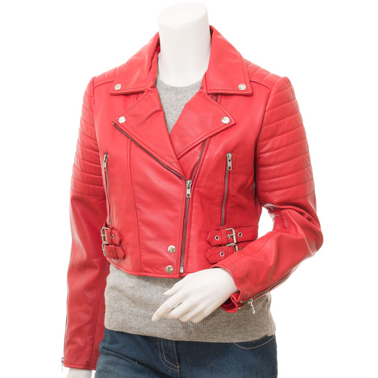 WOMEN'S RED LEATHER BIKER JACKET: ANGELICA