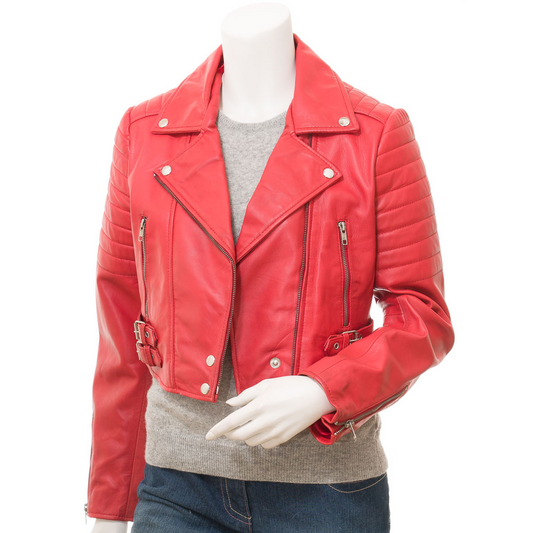 WOMEN'S RED LEATHER BIKER JACKET: ANGELICA