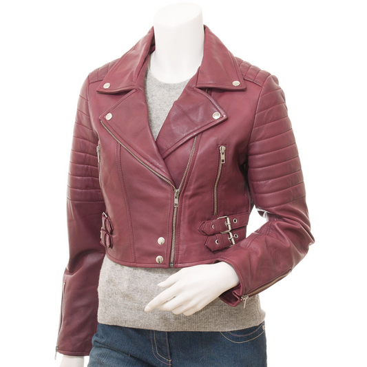 WOMEN'S BURGUNDY LEATHER BIKER JACKET: ANGELICA