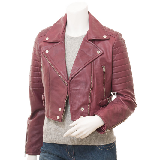 WOMEN'S BURGUNDY LEATHER BIKER JACKET: ANGELICA