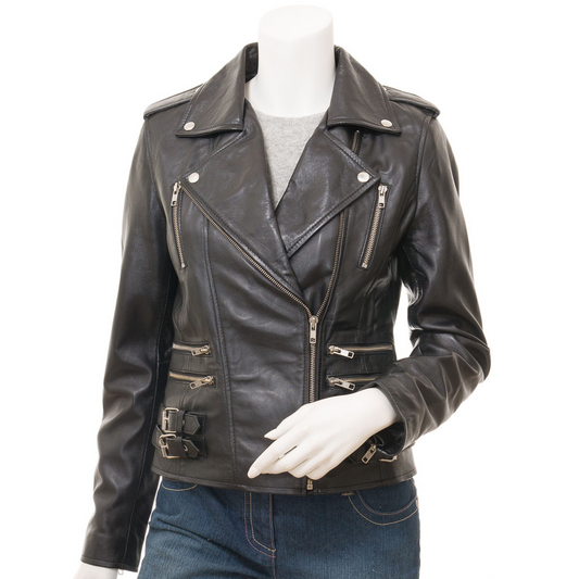 WOMEN'S BLACK LEATHER BIKER JACKET: ELBA