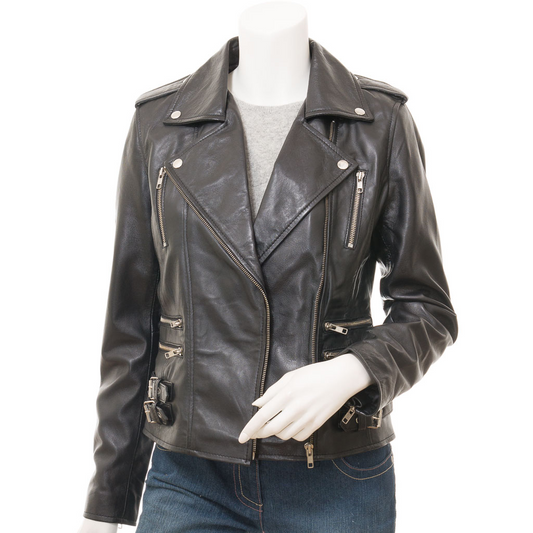 WOMEN'S BLACK LEATHER BIKER JACKET: ELBA