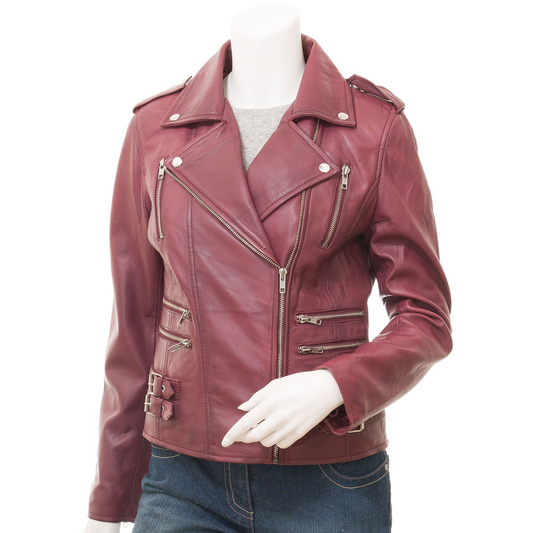 WOMEN'S BURGUNDY LEATHER BIKER JACKET: ELBA