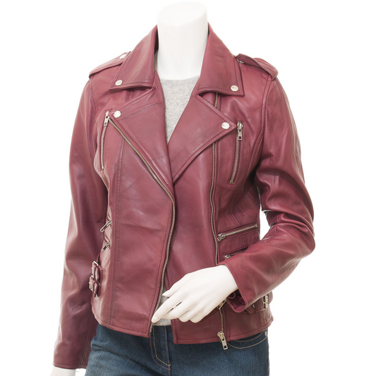 WOMEN'S BURGUNDY LEATHER BIKER JACKET: ELBA