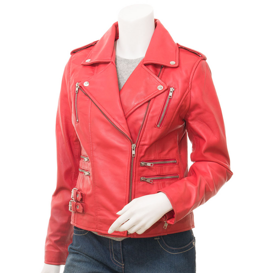 WOMEN'S RED LEATHER BIKER JACKET: ELBA