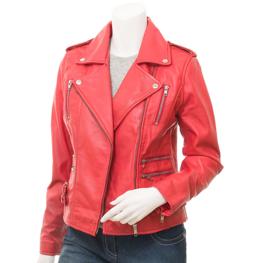 WOMEN'S RED LEATHER BIKER JACKET: ELBA