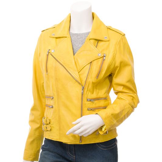 WOMEN'S YELLOW LEATHER BIKER JACKET: ELBA