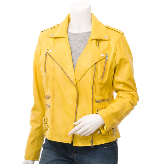 WOMEN'S YELLOW LEATHER BIKER JACKET: ELBA