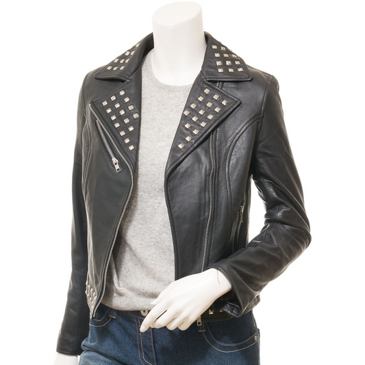 WOMEN'S BLACK LEATHER BIKER JACKET: ALTHA