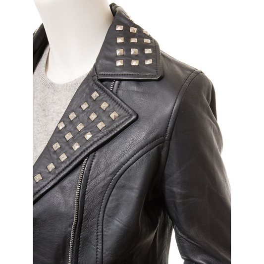 WOMEN'S BLACK LEATHER BIKER JACKET: ALTHA