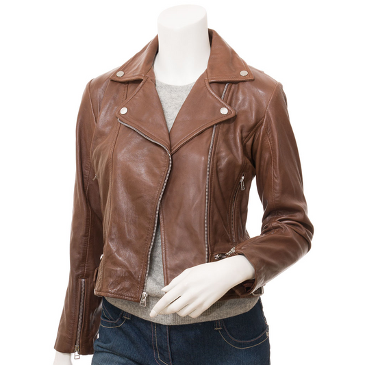 WOMEN'S BROWN LEATHER BIKER JACKET: ANNA