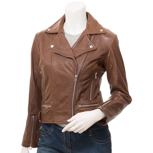 WOMEN'S BROWN LEATHER BIKER JACKET: ANNA