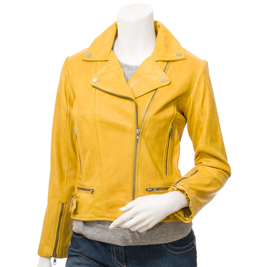 WOMEN'S YELLOW LEATHER BIKER JACKET: ANNA