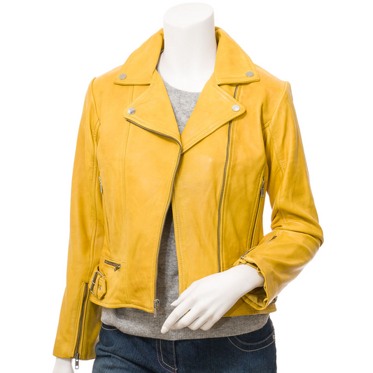 WOMEN'S YELLOW LEATHER BIKER JACKET: ANNA