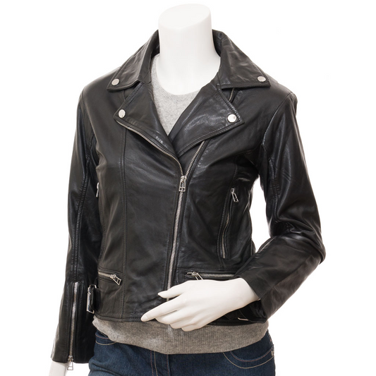 WOMEN'S BLACK LEATHER BIKER JACKET: ANNA