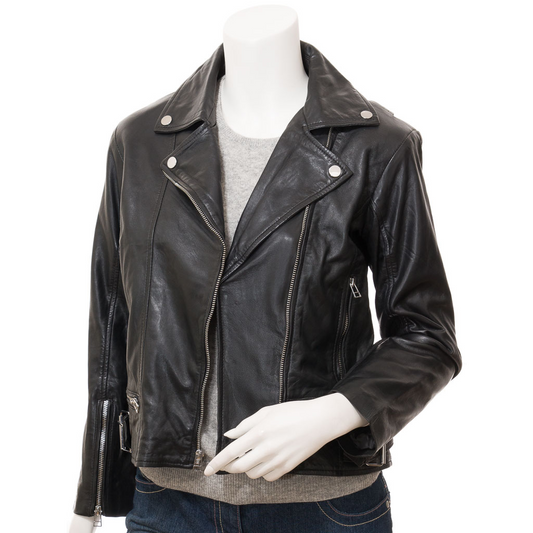 WOMEN'S BLACK LEATHER BIKER JACKET: ANNA