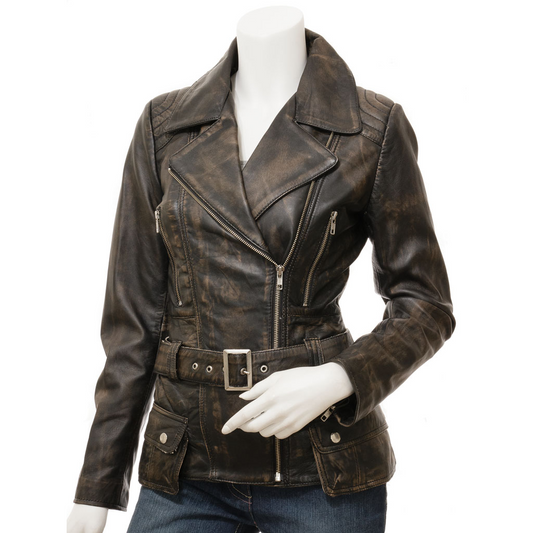 WOMEN'S VINTAGE LEATHER BIKER JACKET: COCOA