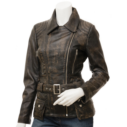 WOMEN'S VINTAGE LEATHER BIKER JACKET: COCOA