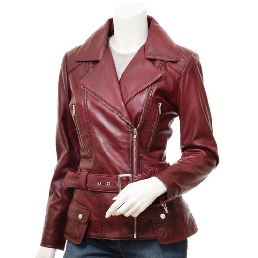 WOMEN'S BURGUNDY LEATHER BIKER JACKET: COCOA