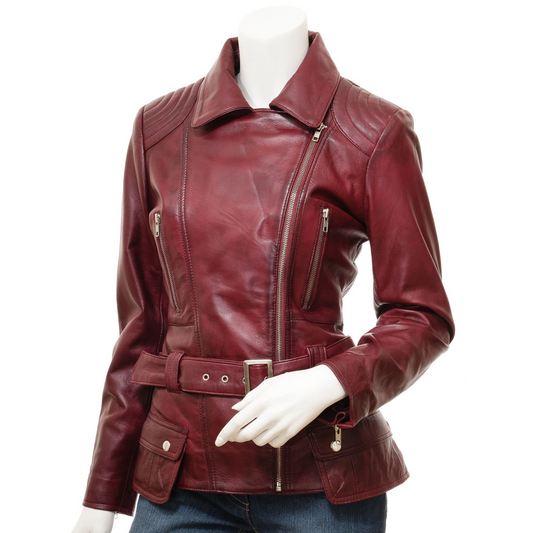 WOMEN'S BURGUNDY LEATHER BIKER JACKET: COCOA