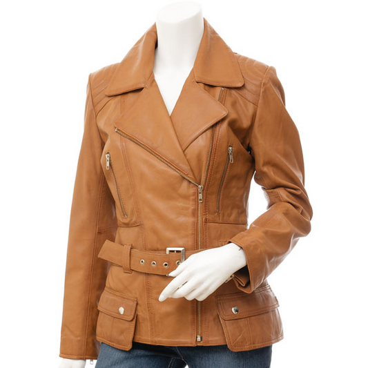 WOMEN'S TAN LEATHER BIKER JACKET: COCOA